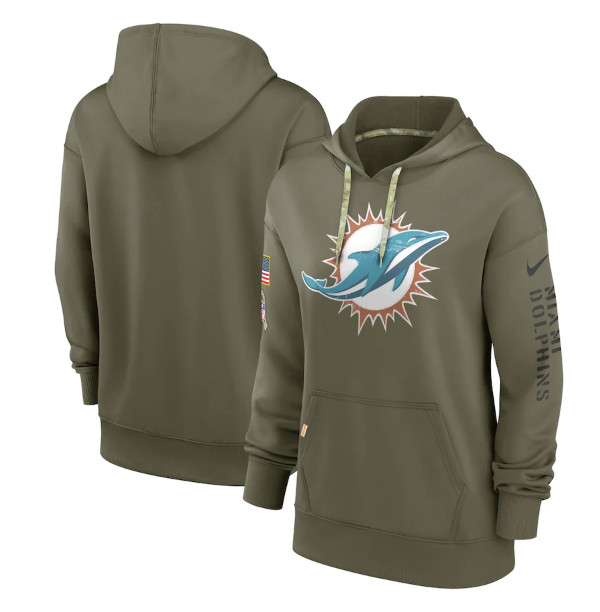 Women's Miami Dolphins 2022 Olive Salute to Service Therma Performance Pullover Hoodie(Run Small)
